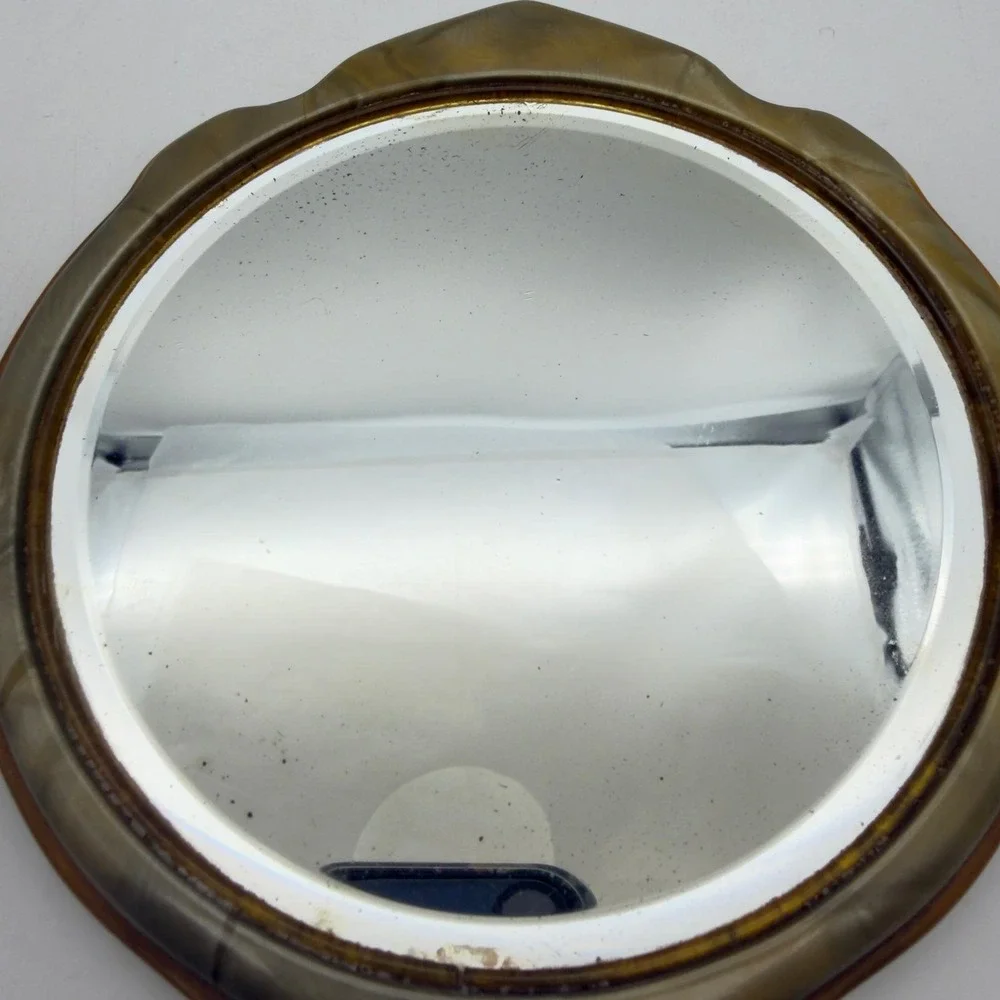 Vintage‎ Celluloid Hand Mirror Marbled Grey Tan Art Deco Vanity Accessory
